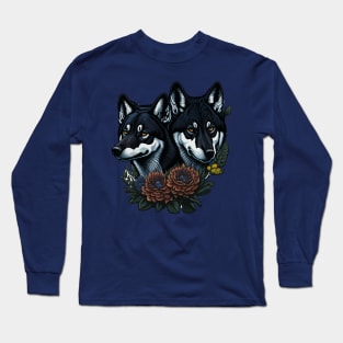 Black Wolf with Wild Flower Long Sleeve T-Shirt